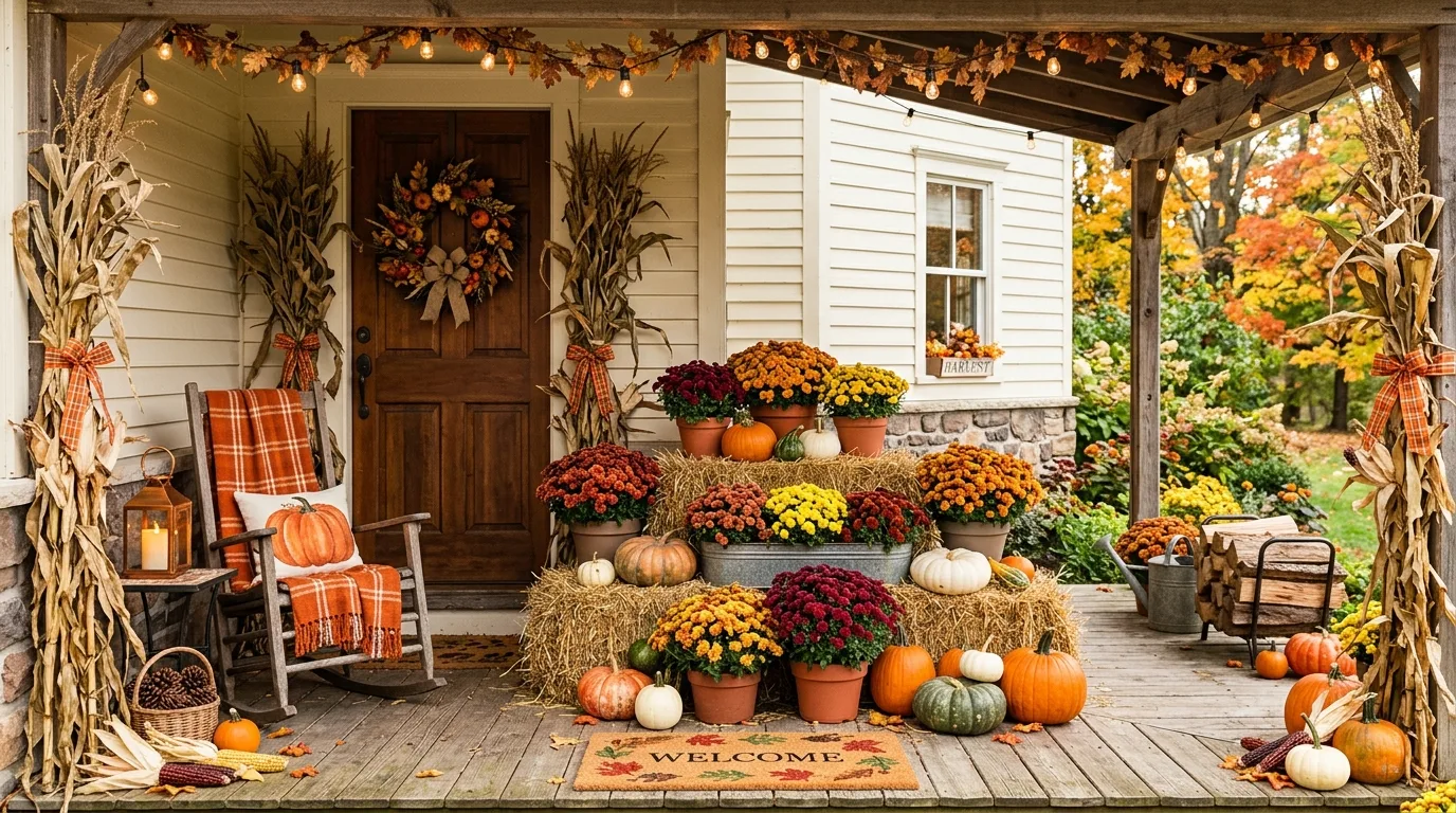 Keep the porch readable and uncluttered from the street inspiration for a fall porch.